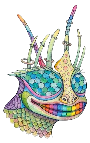 A vivid psychedelic creature with rainbow scales, hexagonal patterns, and tendril-like antennae crowned with rings.