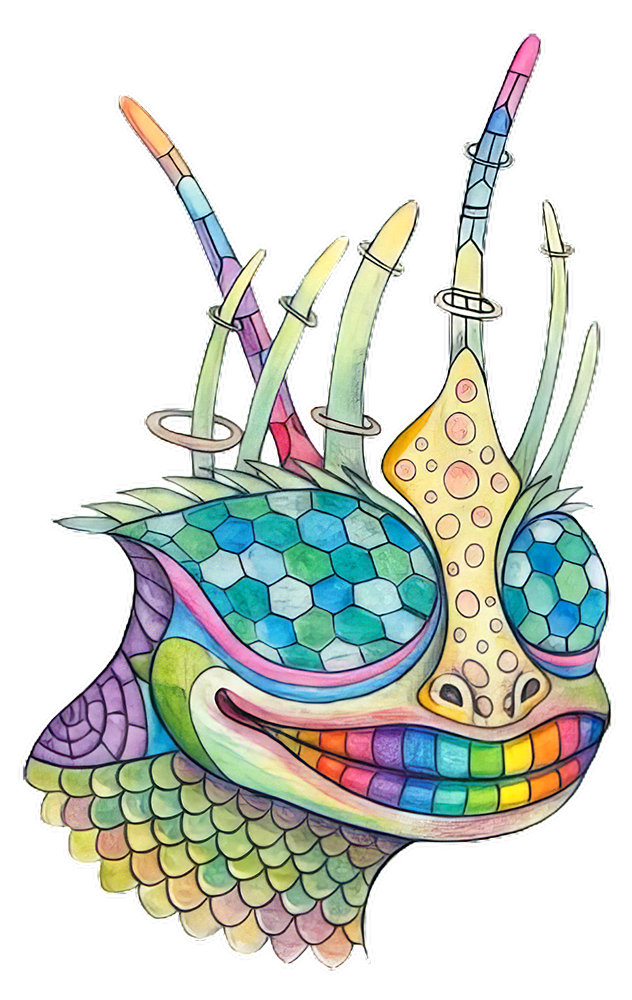 A vivid psychedelic creature with rainbow scales, hexagonal patterns, and tendril-like antennae crowned with rings.