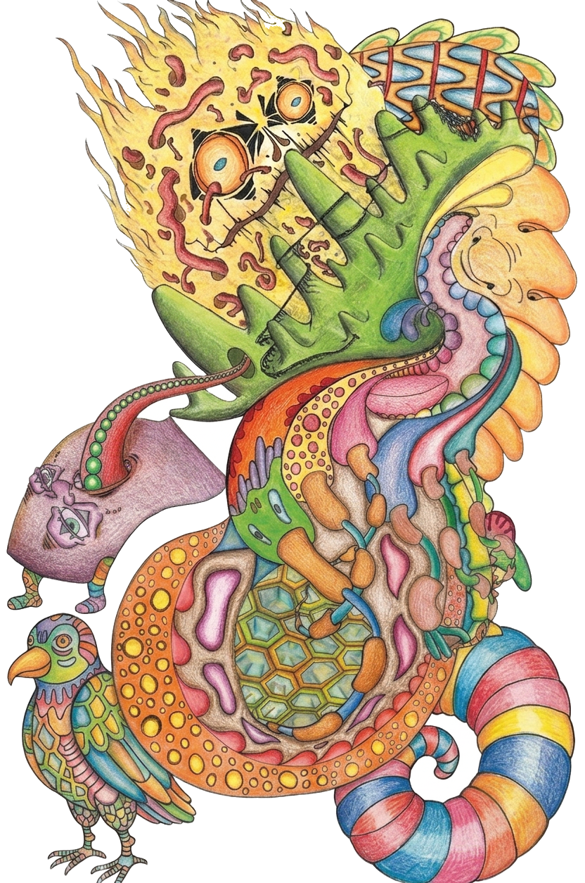 Surreal chimera creature with flame-head, hexagons, and a small bird.