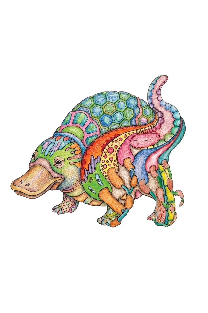 Platypus-like creature covered in mosaic patterns and tentacles.
