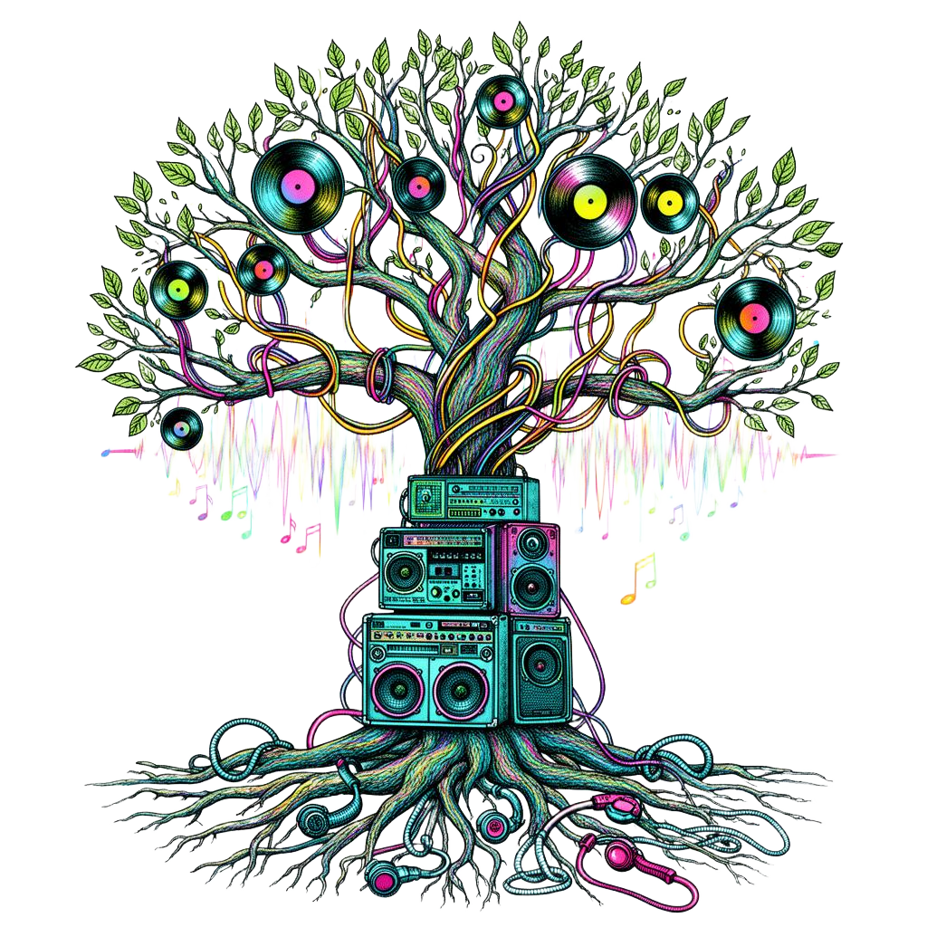 Psychedelic tree with peacock feathers and a watching eye.