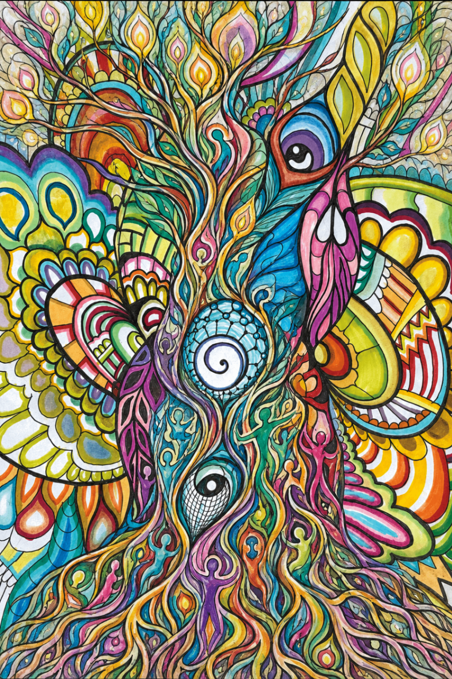Psychedelic tree with peacock feathers and a watching eye.